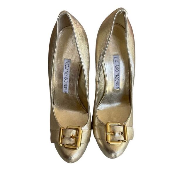 Luciano Padovan Platform Buckle Heels Pumps Size 38.5 Gold - Picture 3 of 7